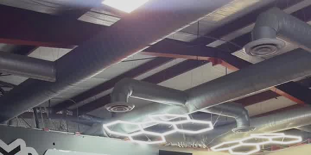 Hexagon LED ceiling lights inside the MorrFit studio